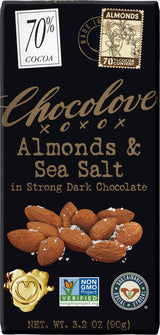 Chocolove, Chocolate Bar Dark Almonds Sea Salt 70%, 3.2 Ounce