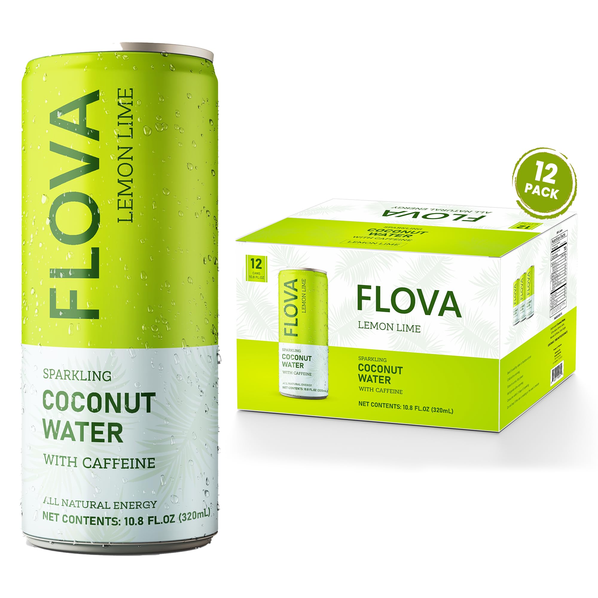 Flova Lemon Lime Energy Drink, All Natural, Electrolytes and Minerals from Coconut Water, 4 Simple Easy to Pronounce Ingredients, 99% Juice, Pack