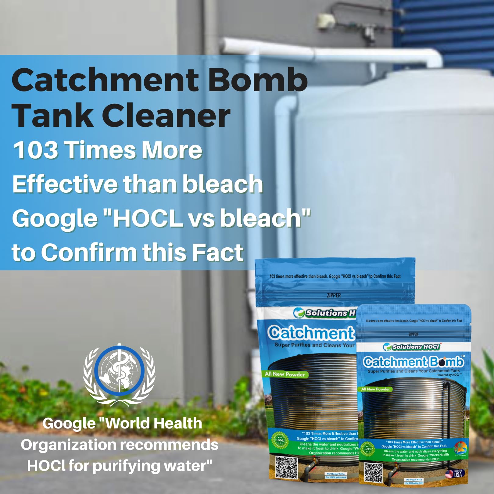 Solutions HOCL Power Clean with HOCL - Catchment Tank Cleaner Crystals Bomb Underground Water Tank Cleaning - Super Cleans your Catchment - treats