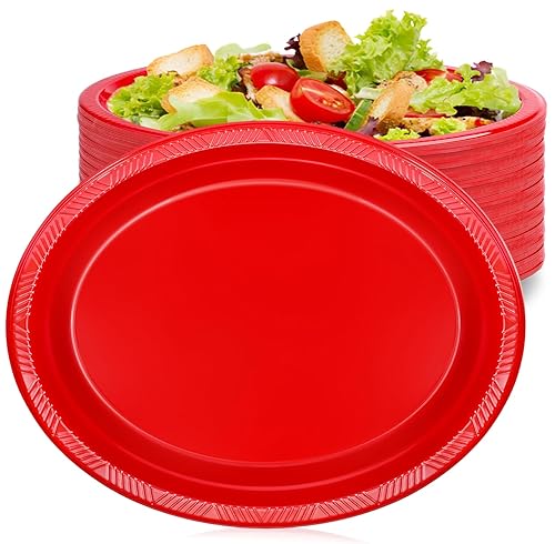 Gabotrie 50 PCS Disposable Red Plates, 9.8" x 12.4" Oval Red Plastic Plates, Heavy Duty Plate Bulk, Large Oval Plastic Plate for Party Dinner Birthday