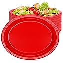 Gabotrie 50 PCS Disposable Red Plates, 9.8" x 12.4" Oval Red Plastic Plates, Heavy Duty Plate Bulk, Large Oval Plastic Plate for Party Dinner Birthday