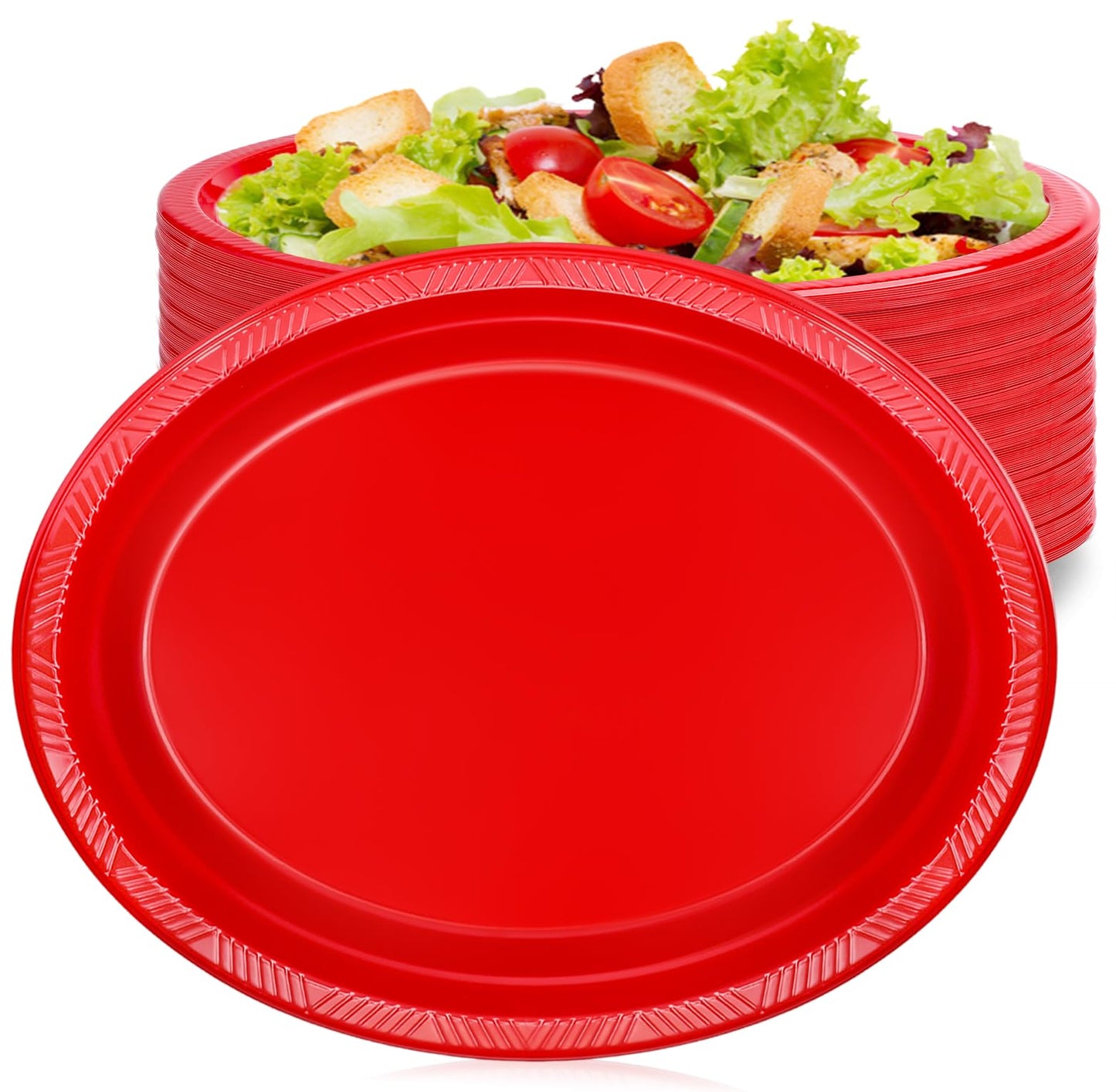 Gabotrie 50 PCS Disposable Red Plates, 9.8" x 12.4" Oval Red Plastic Plates, Heavy Duty Plate Bulk, Large Oval Plastic Plate for Party Dinner Birthday