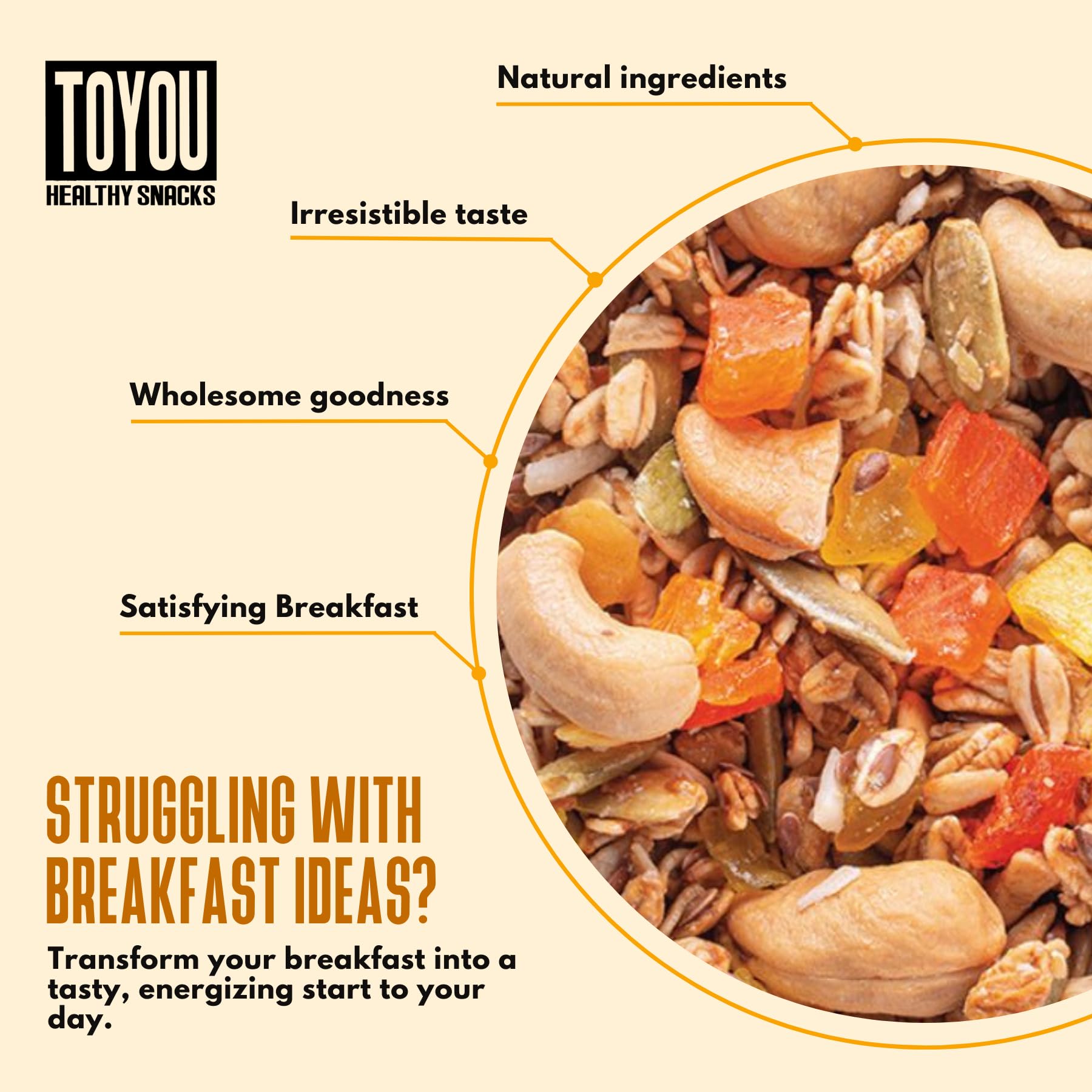 ToYou Snacks Granola, Dried Fruit and Granola Cereal, Gluten Free, Vegan, Healthy Snacks for Adults and Kids, Breakfast Cereal with Protein and Fiber