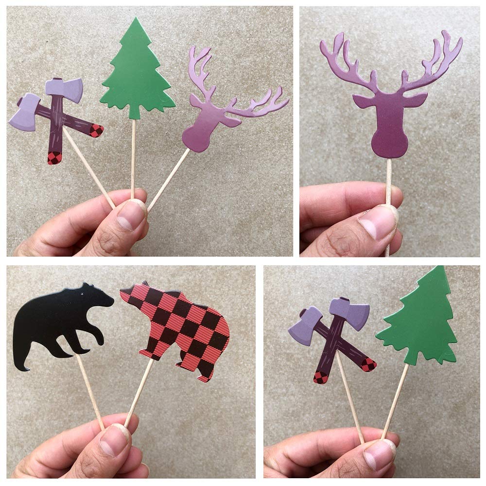 ALISSAR 30-Pack Lumberjack Cupcake Toppers, Buffalo Plaid Baby Bear Tree Cupcake Topper for Campfire Lumberjack Party Supplies Baby Shower Dcoration.