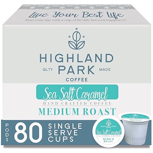 Highland Park Coffee Single Serve Coffee Pods Compatible with Keurig K Cup Brewers, Medium Roast, Sea Salt Caramel, 80 Count