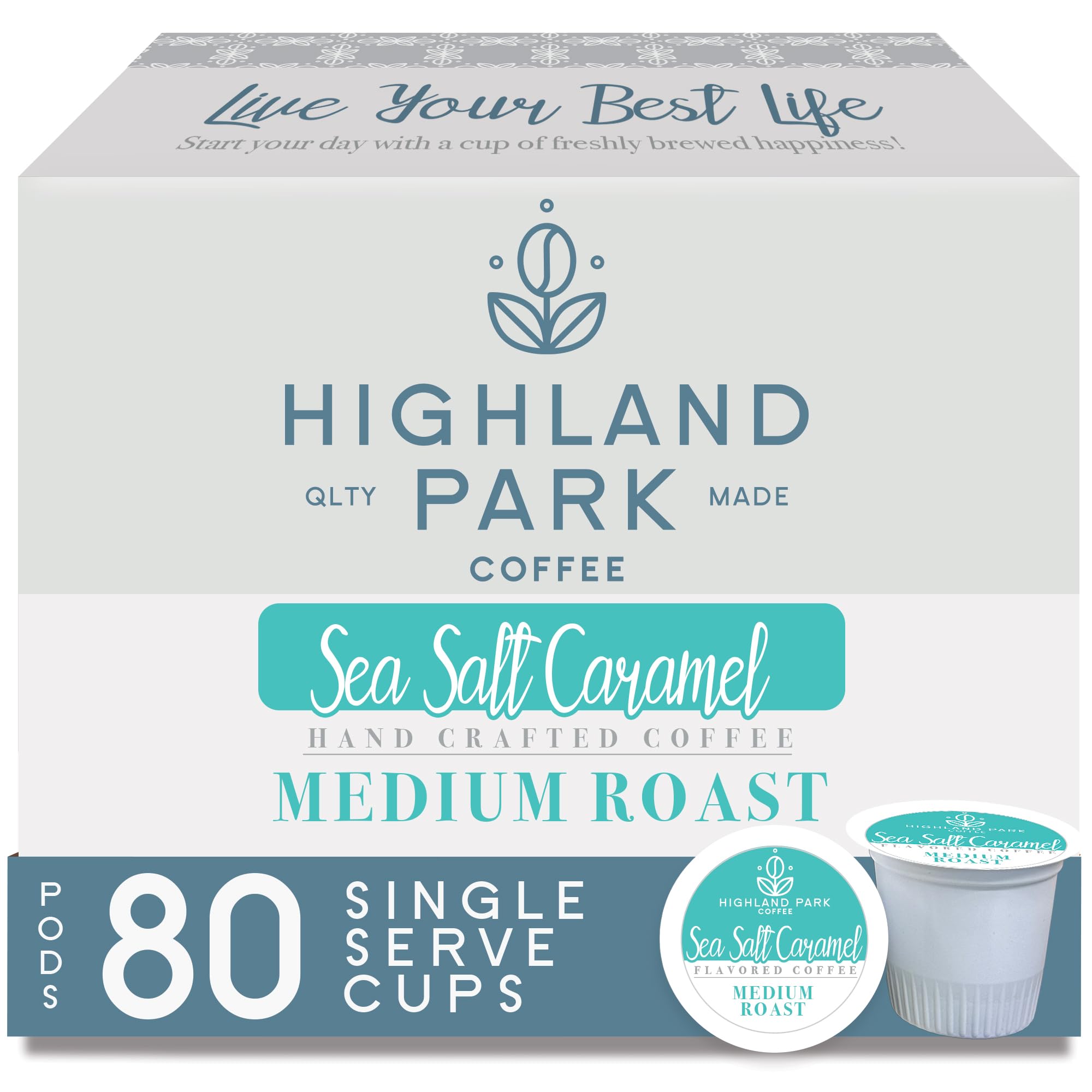 Highland Park Coffee Single Serve Coffee Pods Compatible with Keurig K Cup Brewers, Medium Roast, Sea Salt Caramel, 80 Count
