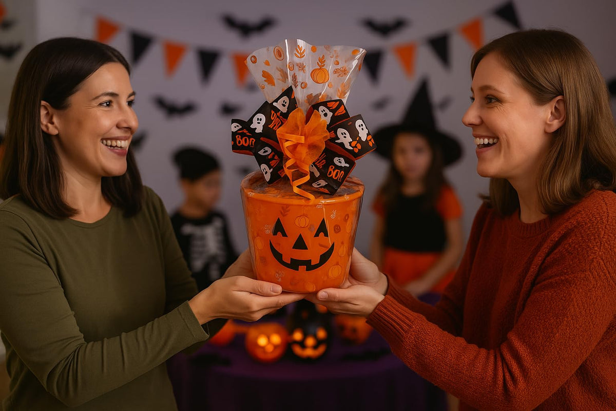 Halloween Pumpkin Gift Basket - Assorted Candy, Chocolates, Cookies & Snacks - Customizable Gift for Kids, Adults, Family, or Office (8" Plastic