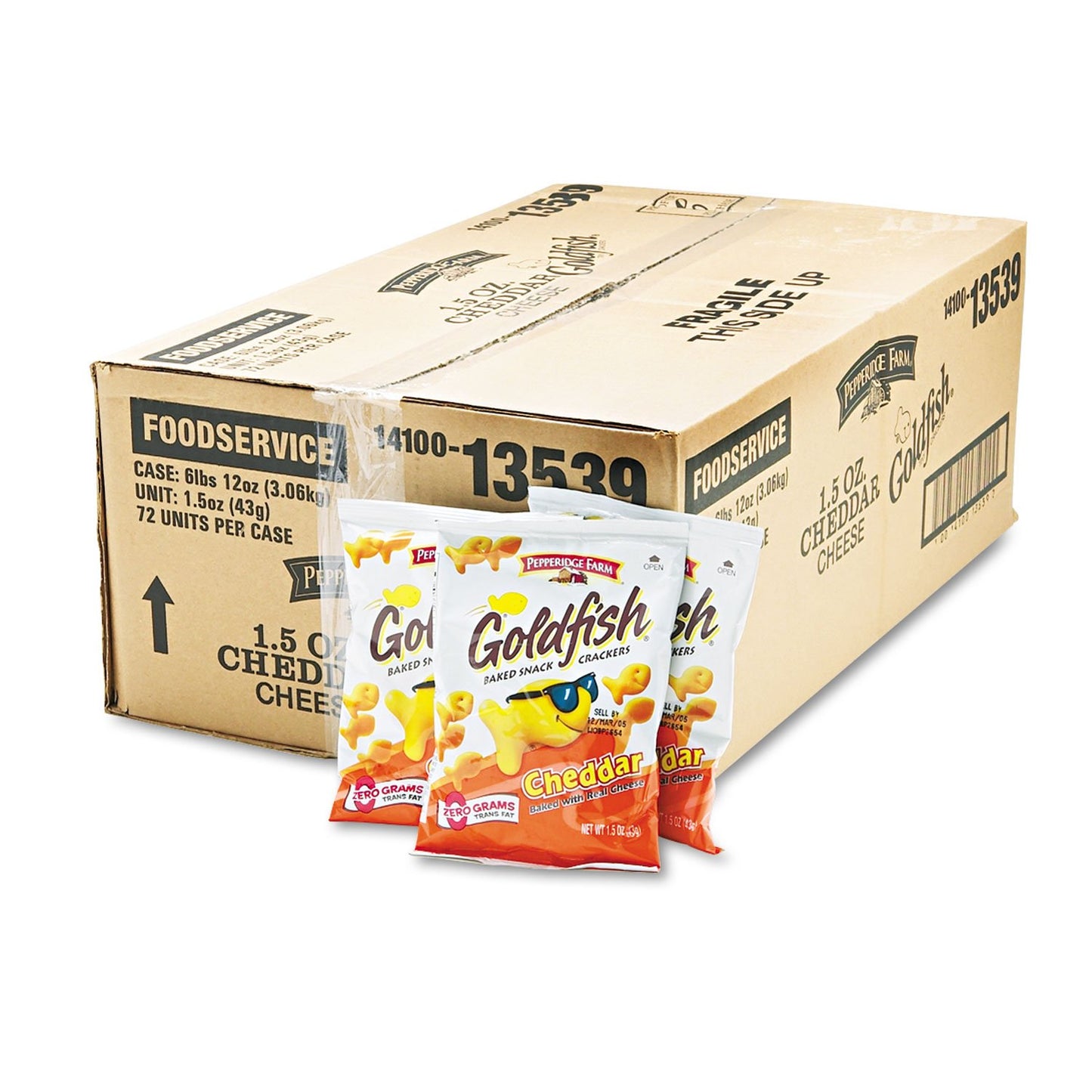 Pepperidge Farm 13539 Goldfish Crackers, Cheddar, Single-Serve Snack, 1.5oz Bag, 72/Carton
