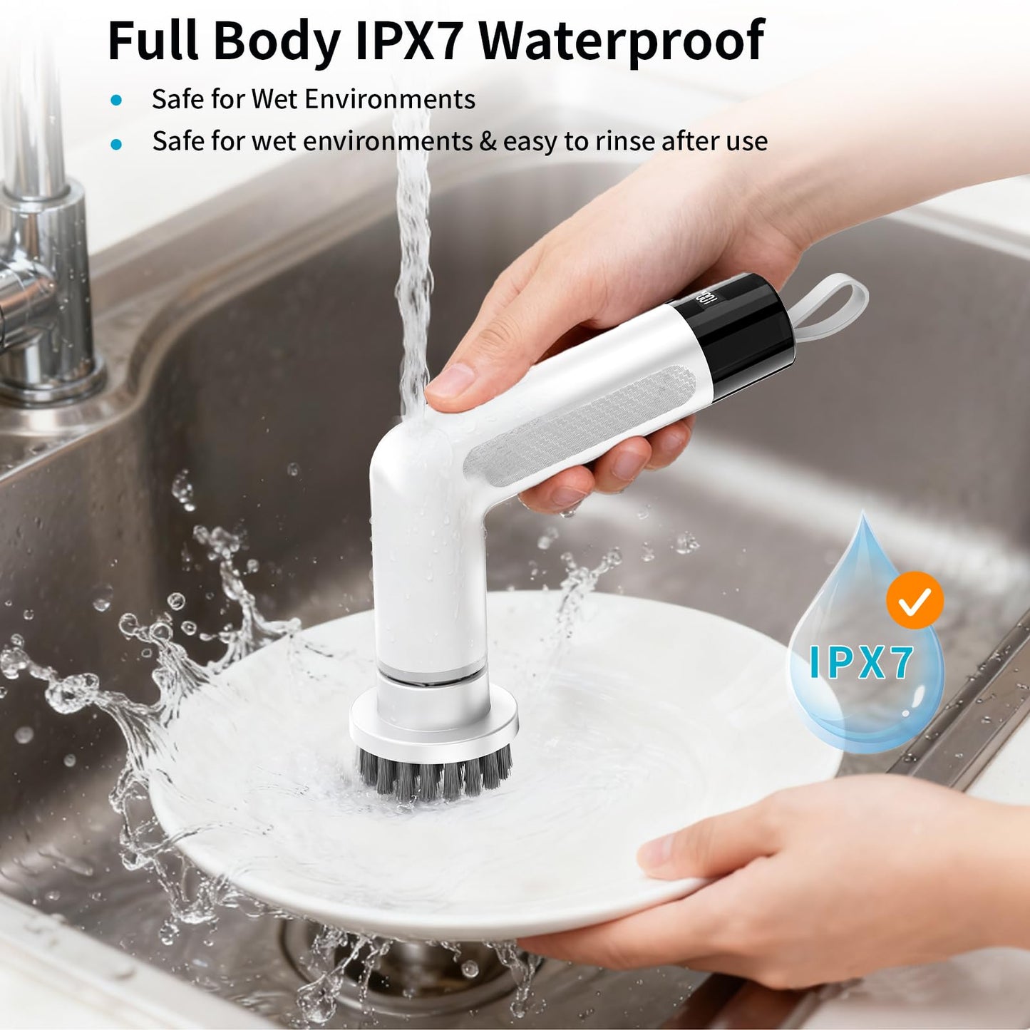 Electric Dish Scrubber, Mini Cordless Kitchen Cleaning Brush with 4 Replaceable Heads, 20W High-Torque Dual Speed, IPX7 Waterproof LED Display 90-120