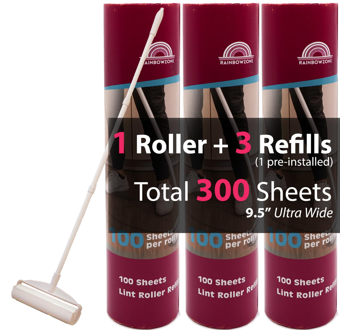 RainbowZone 9.5" Extra Wide Lint Roller for Pet Hair Removal - Extendable Long Handle with 300 Super Sticky Sheets for Furniture, Couch, Car & Carpet