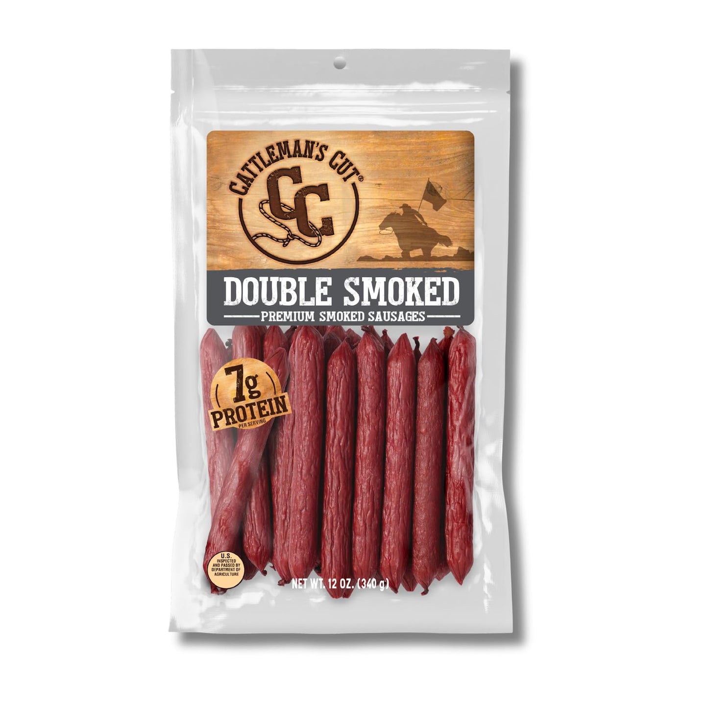 Cattleman's Cut Double Smoked Sausages Meat Sticks, Premium Protein Snacks, Keto Friendly, Gluten Free, Carnivore Travel Snack, Resealable Bag, 12