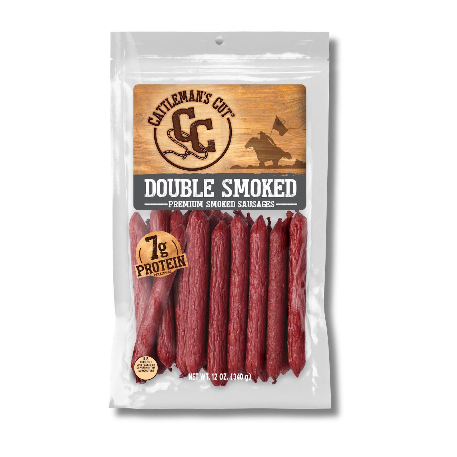 Cattleman's Cut Double Smoked Sausages Meat Sticks, Premium Protein Snacks, Keto Friendly, Gluten Free, Carnivore Travel Snack, Resealable Bag, 12