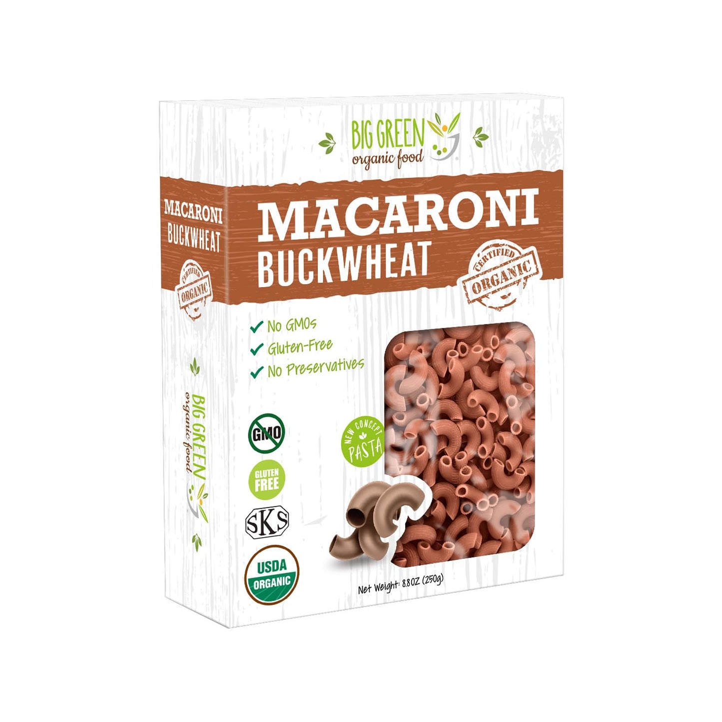Big Green Organic Food- Organic Buckwheat Macaroni, Gluten-Free, Single Ingredient, 100% Buckwheat, Non-GMO, Vegan, Wheat and Rice Alternative, 8.8oz