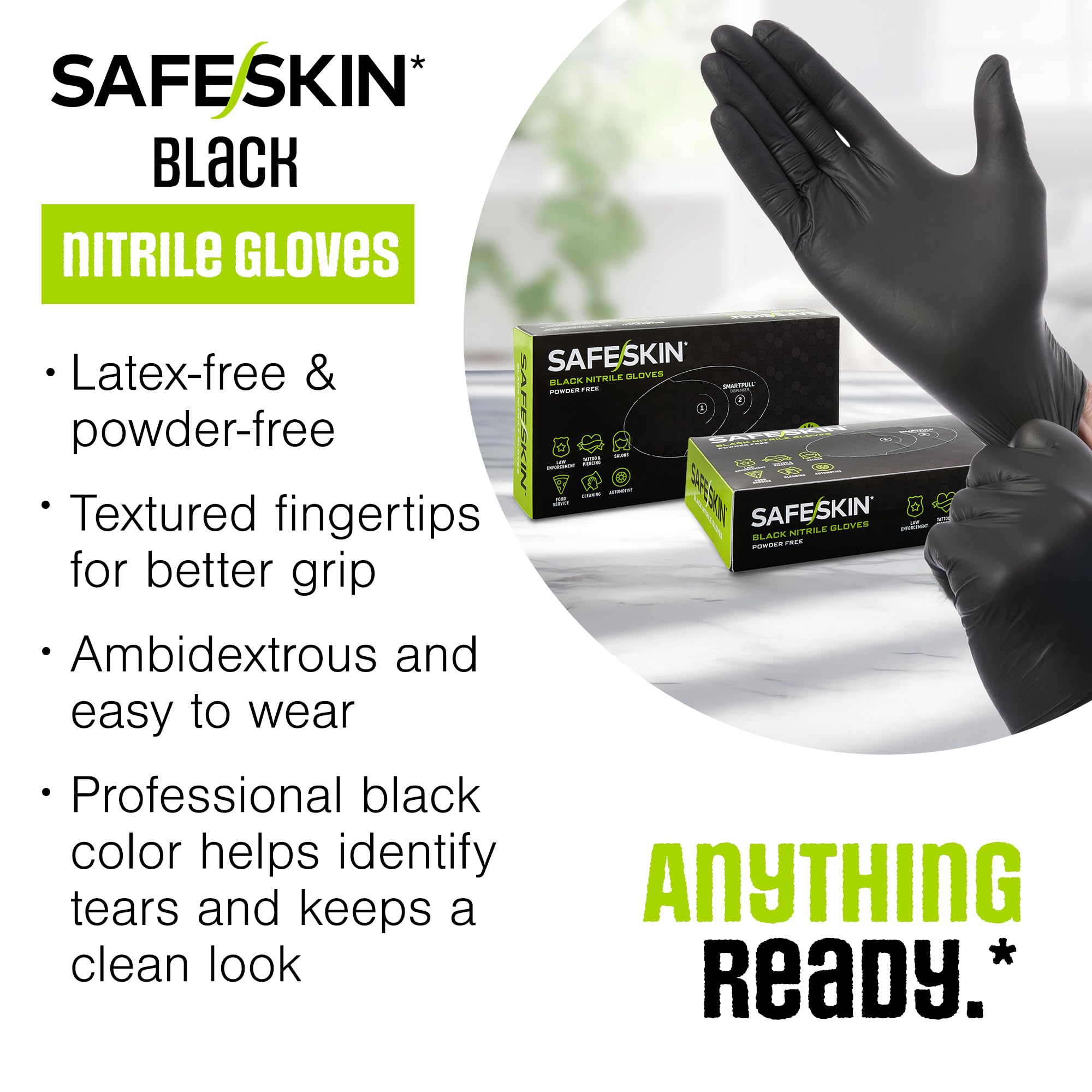 SAFESKIN Black Nitrile Disposable Gloves Powder Free Latex Free Tattoo, Food Prep, Auto Salons, Cleaning, Law Enforcement, 3.5 mil, Size Large, Box