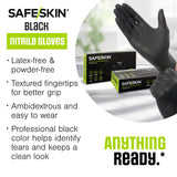 SAFESKIN Black Nitrile Disposable Gloves Powder Free Latex Free Tattoo, Food Prep, Auto Salons, Cleaning, Law Enforcement, 3.5 mil, Size Medium, Box