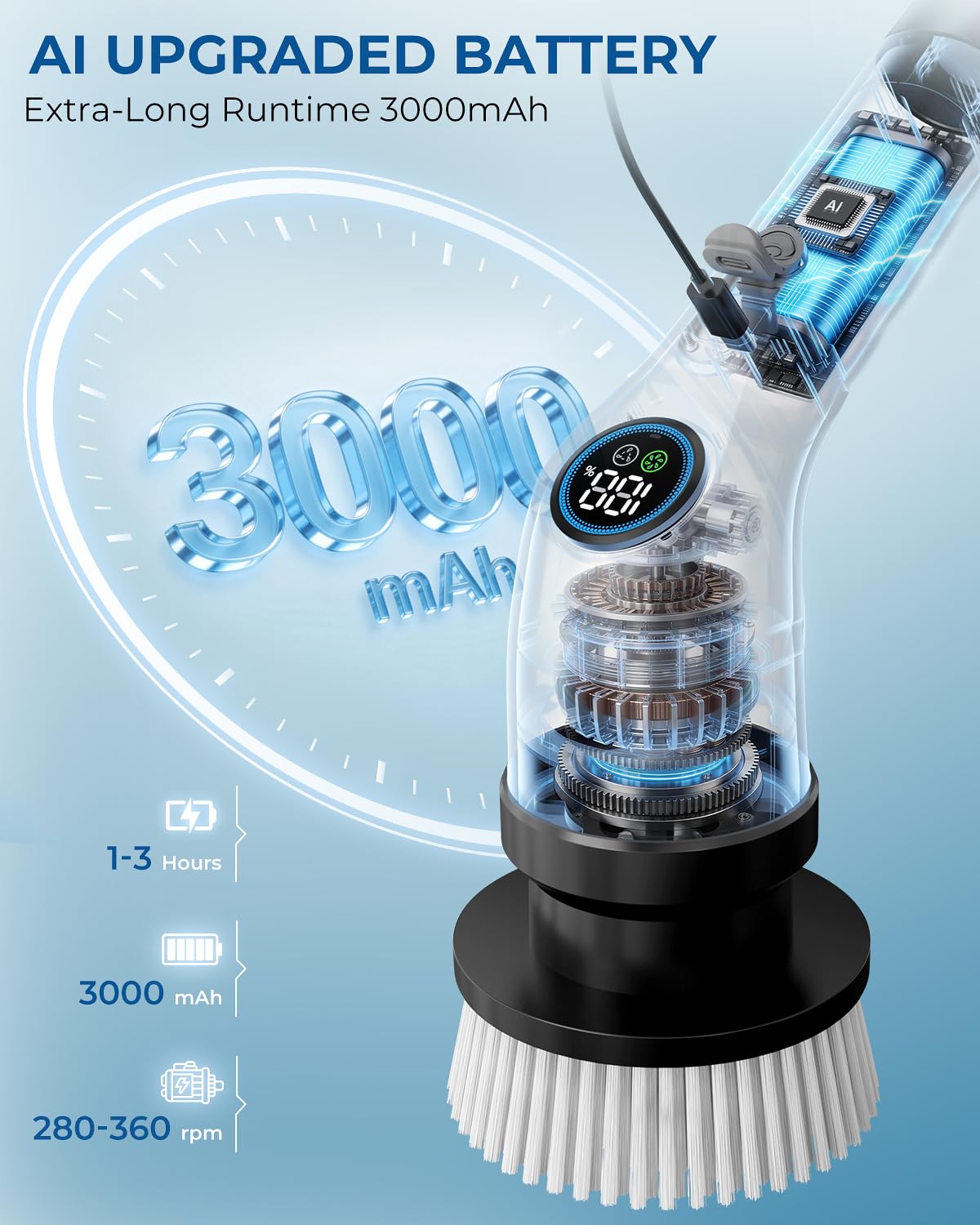 Electric Spin Scrubber, Rechargeable with Upgraded Battery & Extended Runtime, IPX7 Cleaning Brush, 3000mAh Battery 7 Brush Heads 2-Speed Adjustable