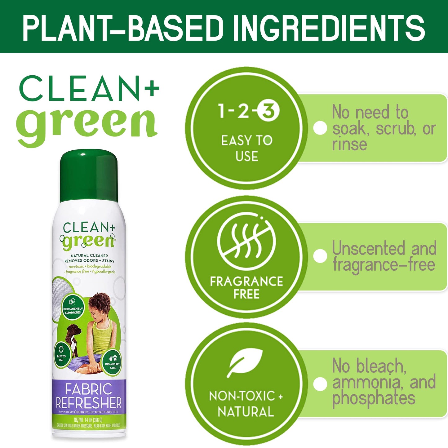 Green+Clean Natural Fabric Pet Refresher Spray - Carpet Cleaner, Cleans Kitty Litter and Dog Poop from Carpet, Upholstery, and More - Couch Cleaner