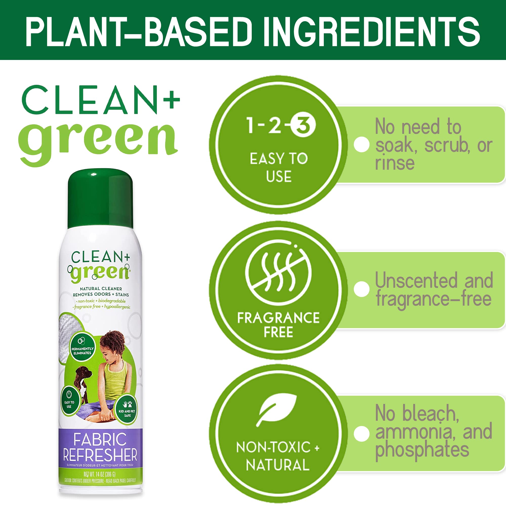 Green+Clean Natural Fabric Pet Refresher Spray - Carpet Cleaner, Cleans Kitty Litter and Dog Poop from Carpet, Upholstery, and More - Couch Cleaner