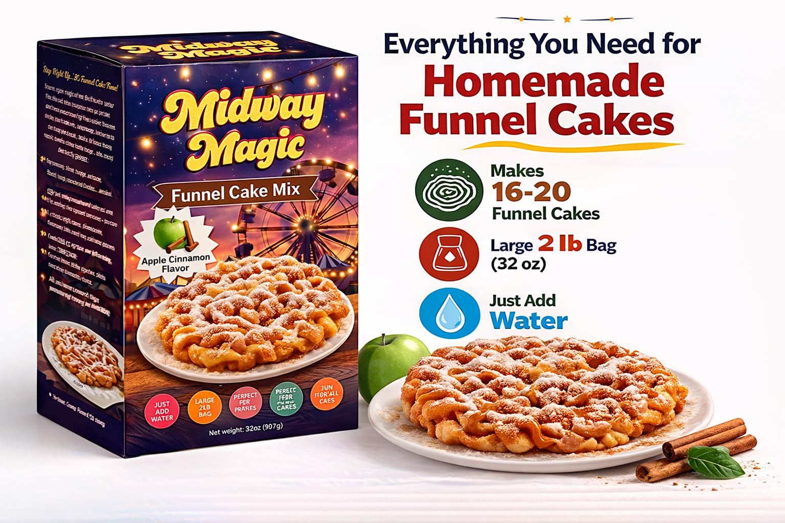 Carnival Food Funnel Cake Mix- Includes 2lb Funnel Cake Mix - Makes Up to 24 Funnel Cakes - Funnel Cake Maker - Mix For Funnel Cake for Easy Frying and Perfect Results (Apple & Cinnamon)