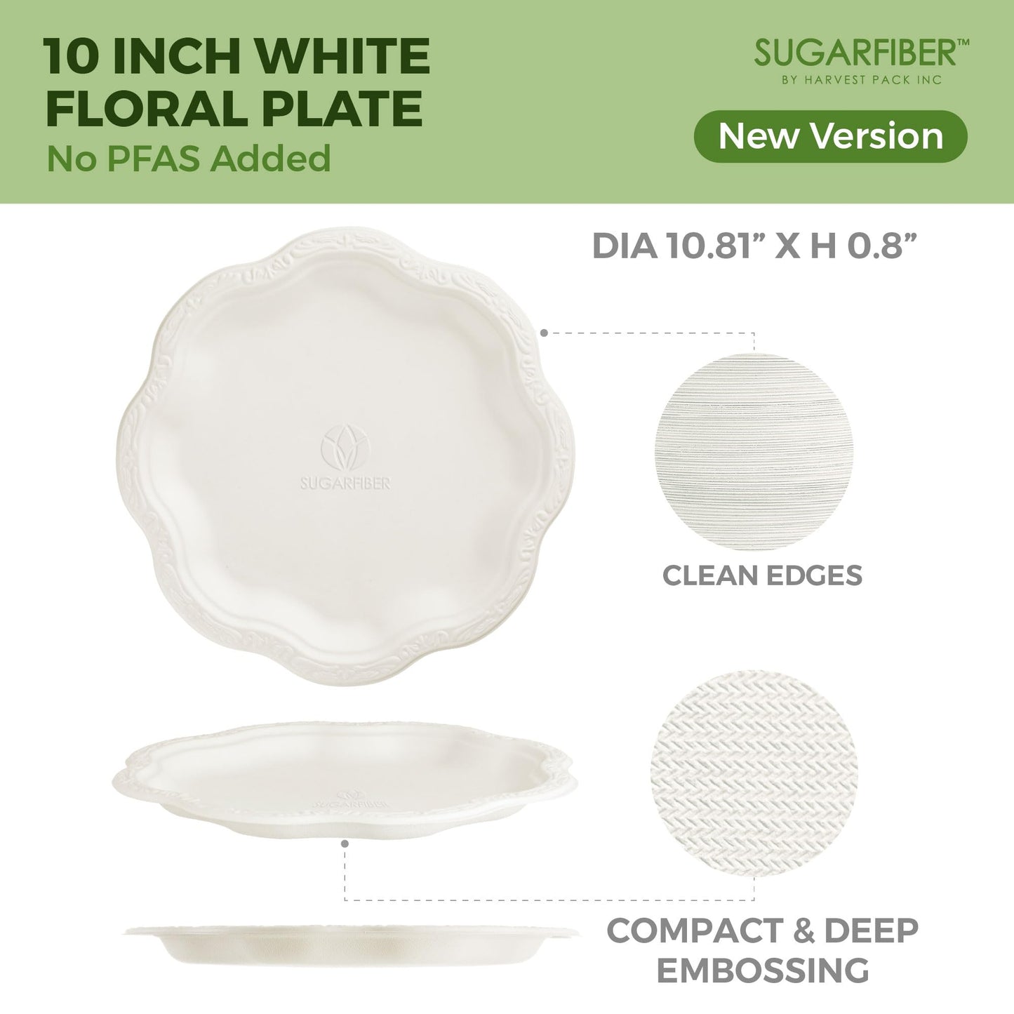 [50 COUNT]10-inch Compostable PFAS Free Floral Paper Plates, White Floral Acanthus Collection Natural Sugarcane Disposable Bagasse Eco Friendly