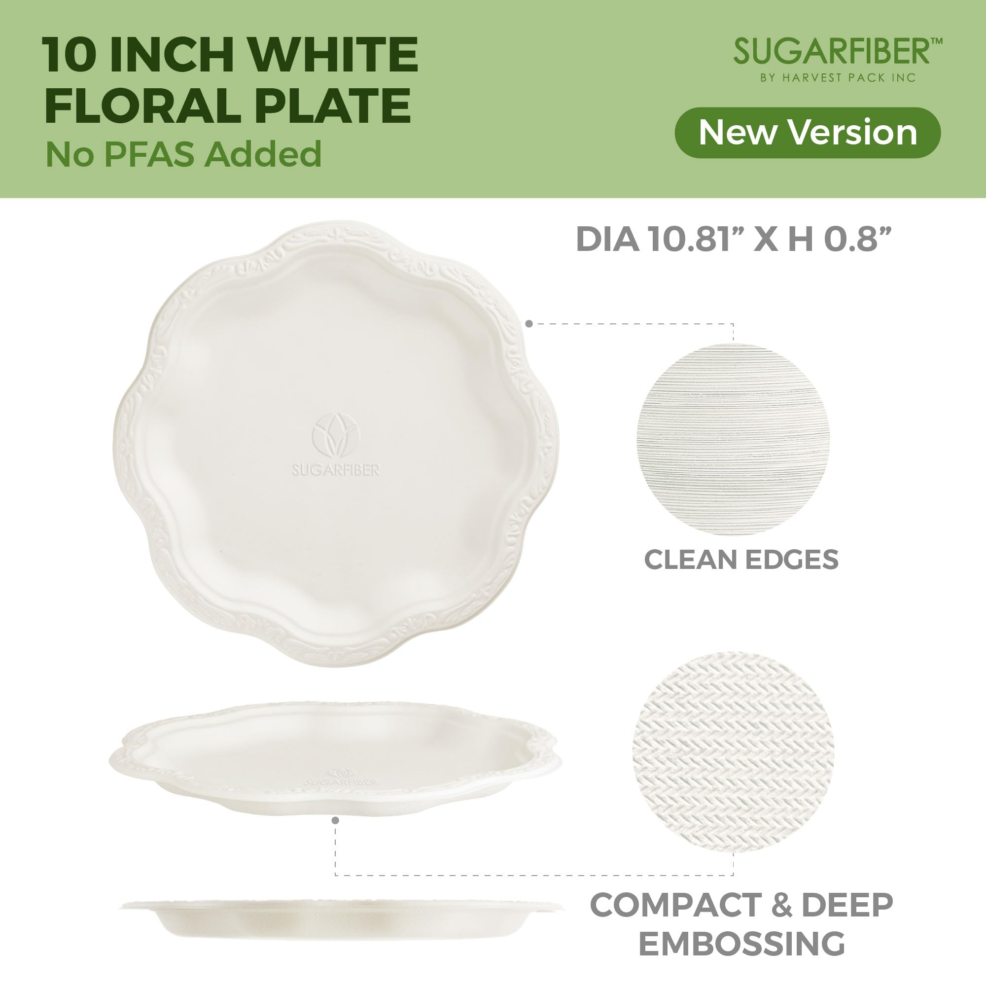 [50 COUNT]10-inch Compostable PFAS Free Floral Paper Plates, White Floral Acanthus Collection Natural Sugarcane Disposable Bagasse Eco Friendly