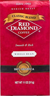 Red Diamond Whole Bean Coffee, Classic Blend, Medium Roast, Premium Arabica Whole Beans, Smooth & Rich Flavor, 11 Ounce Resealable Bag