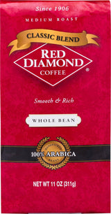 Red Diamond Whole Bean Coffee, Classic Blend, Medium Roast, Premium Arabica Whole Beans, Smooth & Rich Flavor, 11 Ounce Resealable Bag
