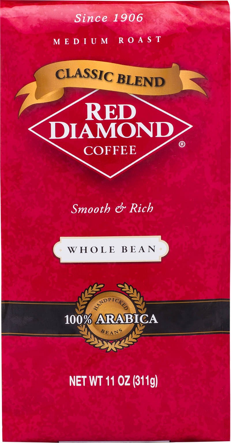 Red Diamond Whole Bean Coffee, Classic Blend, Medium Roast, Premium Arabica Whole Beans, Smooth & Rich Flavor, 11 Ounce Resealable Bag