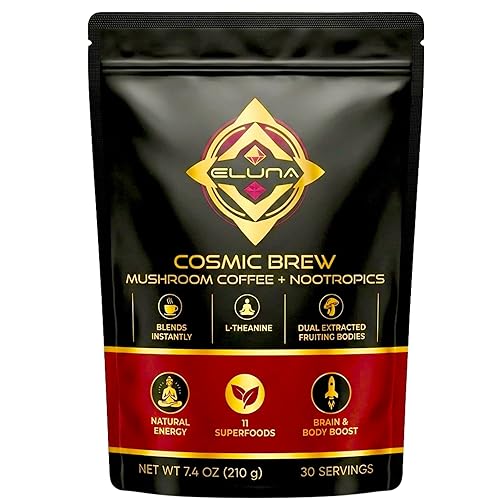 Eluna Mushroom Coffee - 7 Mushroom Blend with L-Theanine - Smooth, Creamy Taste, Calm Energy - Low Caffeine - 30 Servings
