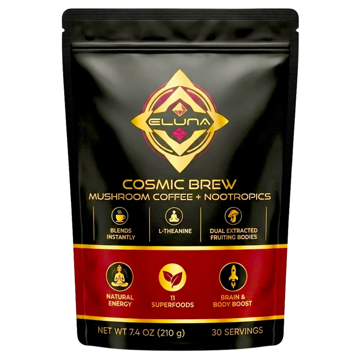 Eluna Mushroom Coffee - 7 Mushroom Blend with L-Theanine - Smooth, Creamy Taste, Calm Energy - Low Caffeine - 30 Servings