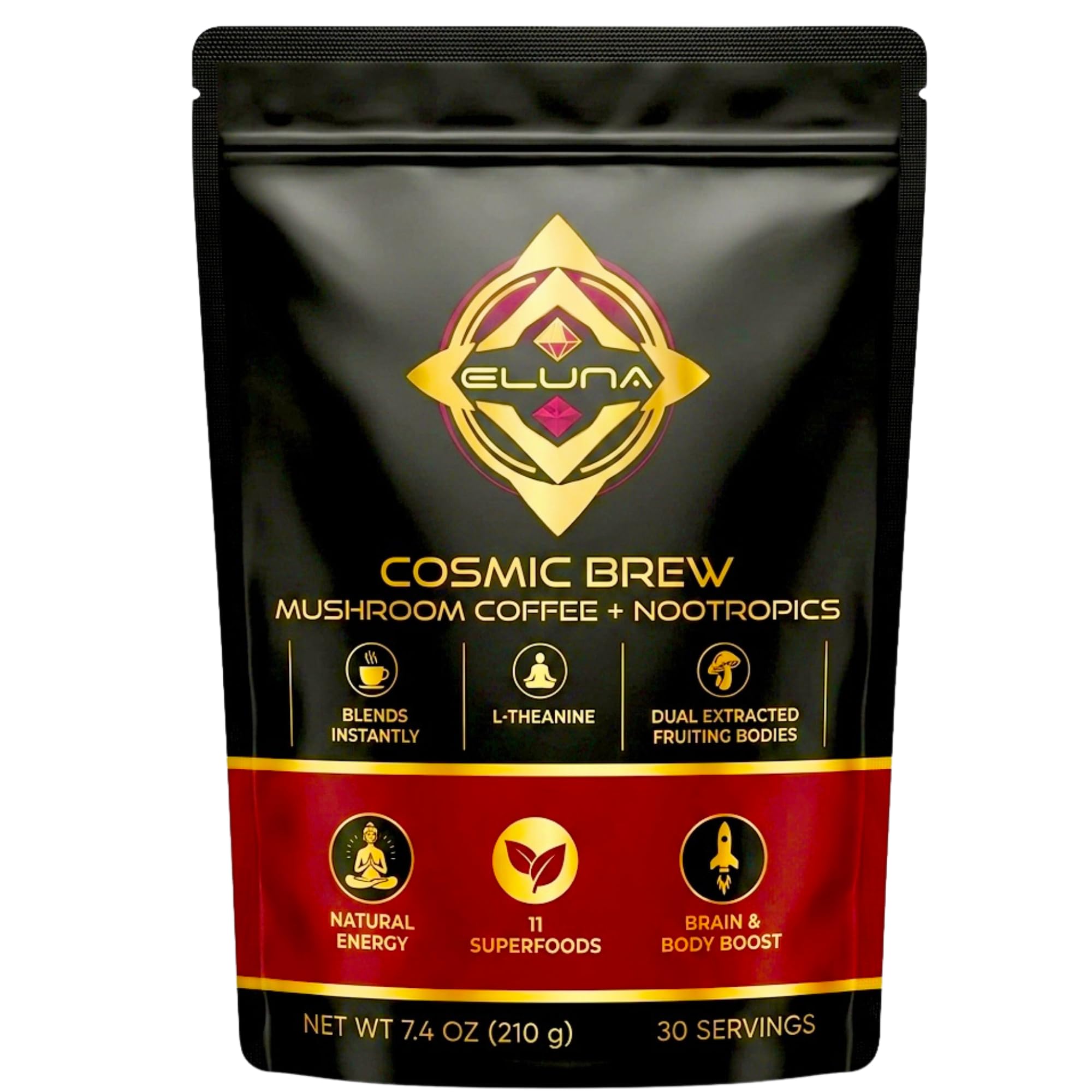 Eluna Mushroom Coffee - 7 Mushroom Blend with L-Theanine - Smooth, Creamy Taste, Calm Energy - Low Caffeine - 30 Servings