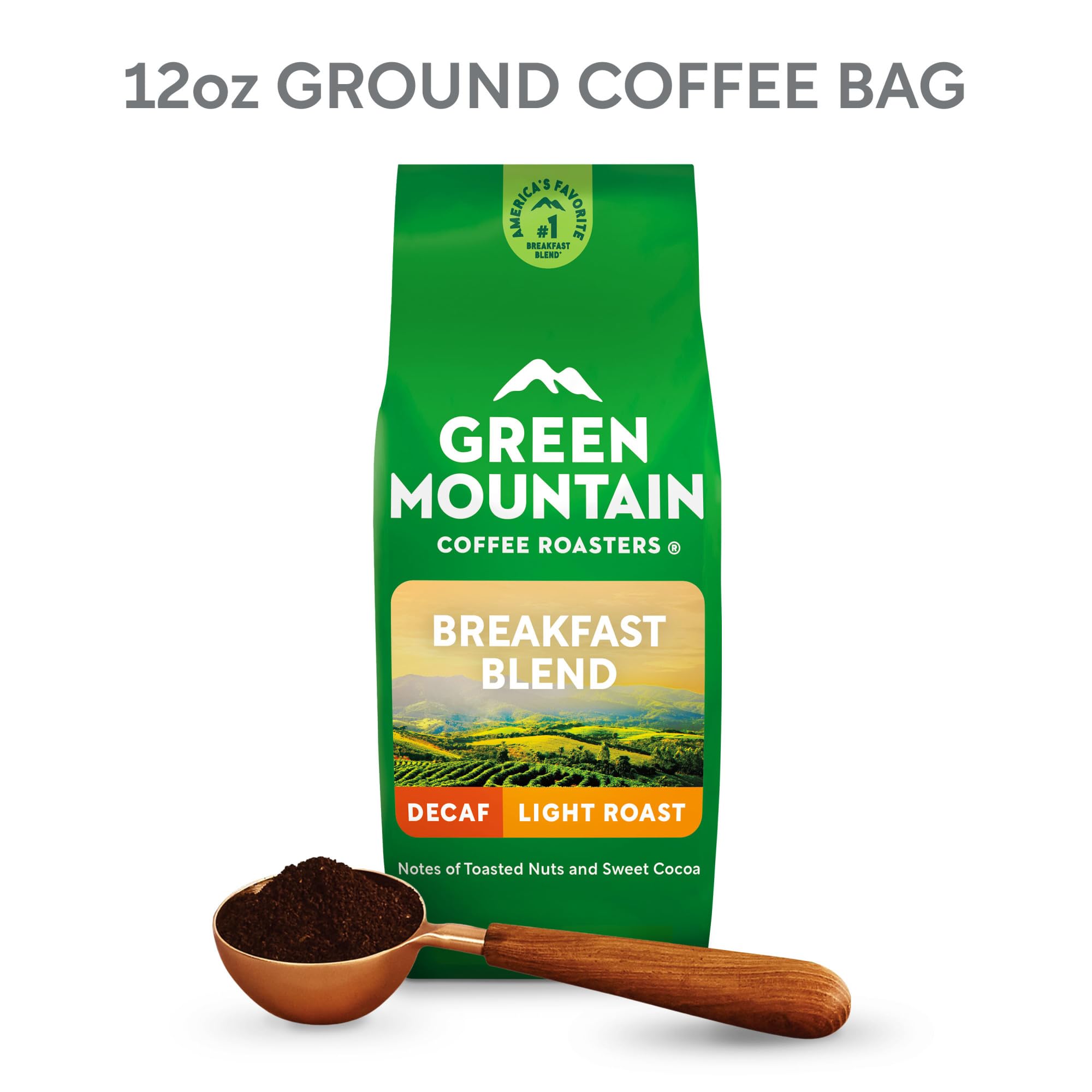 Green Mountain Coffee Roasters, Breakfast Blend Decaf, Ground Coffee, Decaffeinated, Light Roast, Bagged 12oz.