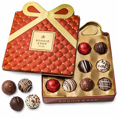 Chocolate Gift Basket, Candy Food Gifts, Gourmet Snack Bow Tin Box, Present Idea, Corporate Him, Her, Men, Women, Family- Truffle Assortment- Brown