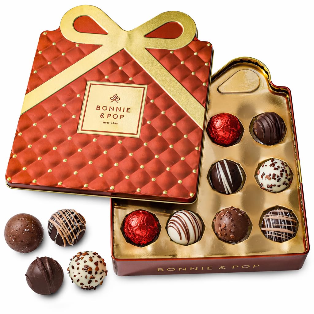 Chocolate Gift Basket, Candy Food Gifts, Gourmet Snack Bow Tin Box, Present Idea, Corporate Him, Her, Men, Women, Family- Truffle Assortment- Brown