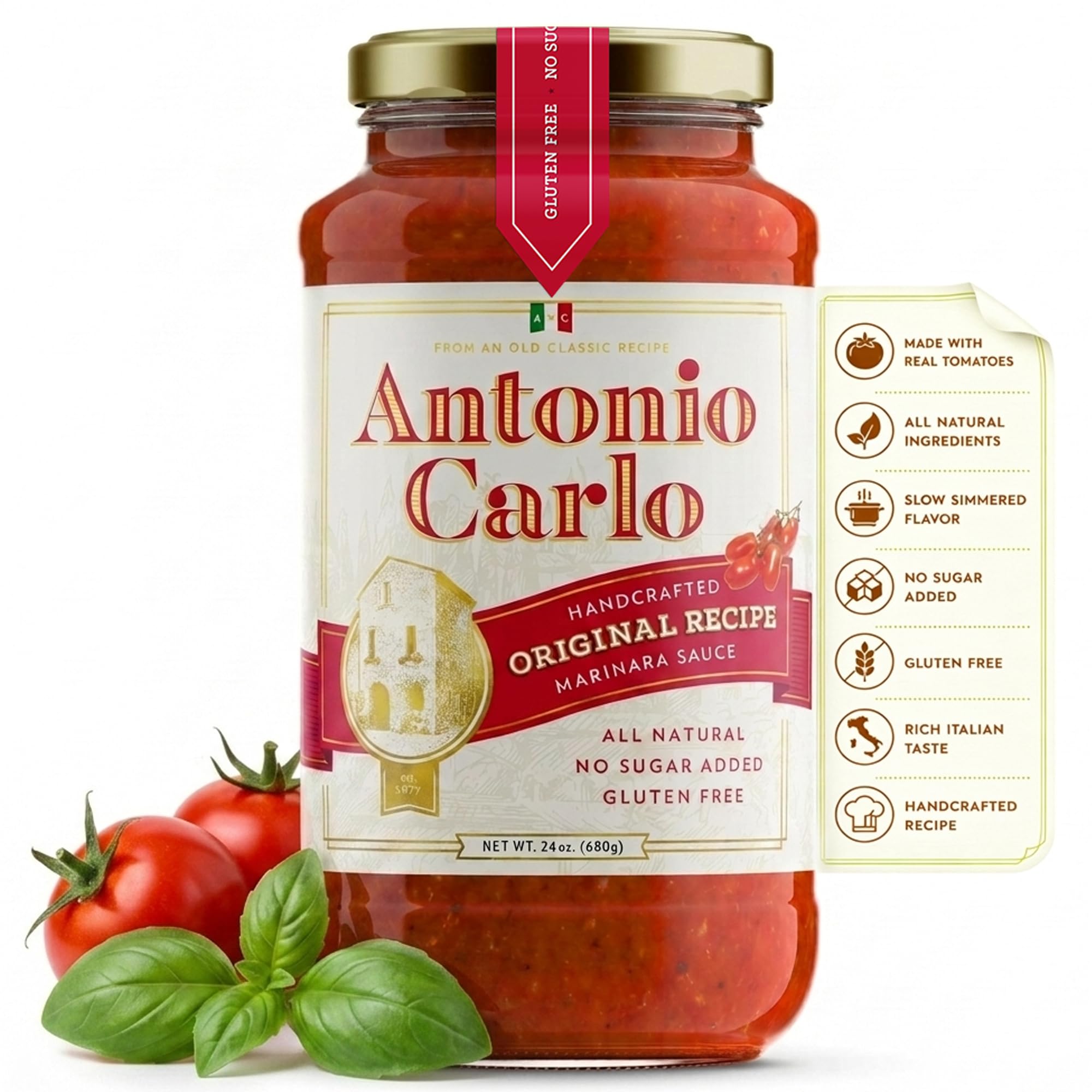 Antonio Carlo 3rd Generation Italian-Style Handmade Gourmet Marinara Pasta Sauce - Non-Dairy, Gluten-Free, Fresh Pasta Sauce with No Sugar Added