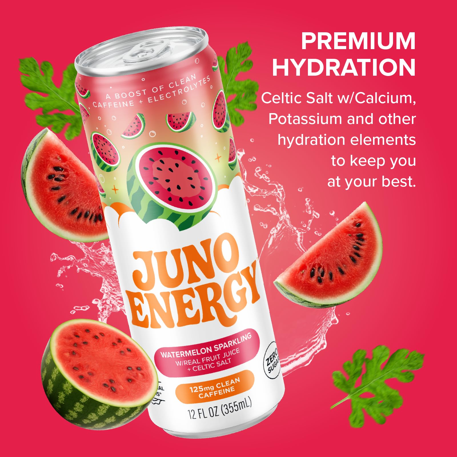 JUNO ENERGY Organic Watermelon Sparkling Energy Drink - Sugar Free, Energizing and Hydrating with 125mg Organic Caffeine from Green Coffee Beans