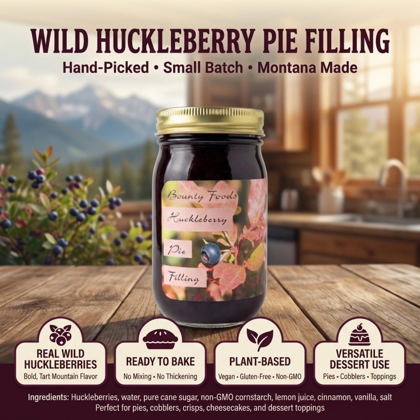 Huckleberry Pie Filling Montana Grown - 20 oz Real Fruit Grown & Hand Picked from Bounty Foods this is Vegan Friendly | Gluten-Free | Non-GMO for Pies