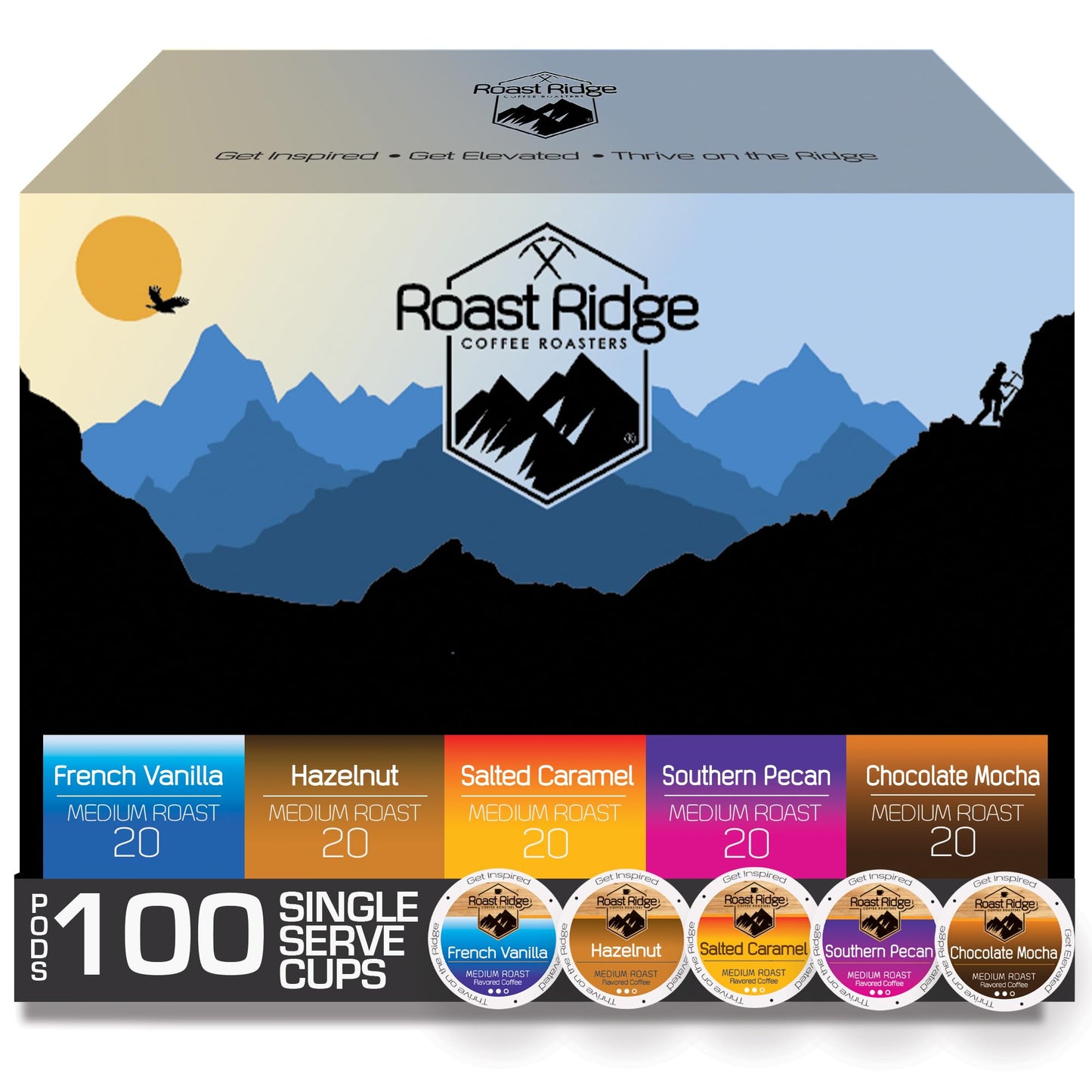 Roast Ridge Single Serve Coffee Pods for Keurig K-Cup Brewers, Variety Pack, 100 Count (20 each: Salted Caramel, Southern Pecan, Chocolate Mocha
