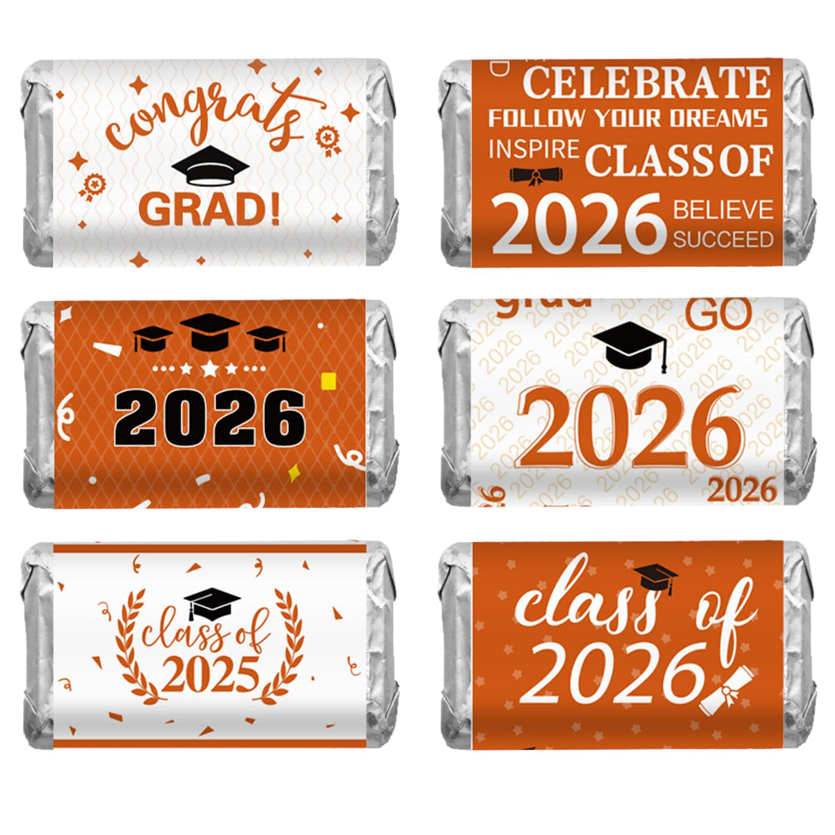 Graduation Party Decorations, 2026 Graduation Candy Stickers, 120 PCS Orange White Congrats Grad Mini Candy Wrapper Class of 2026 Bar Label Sticker