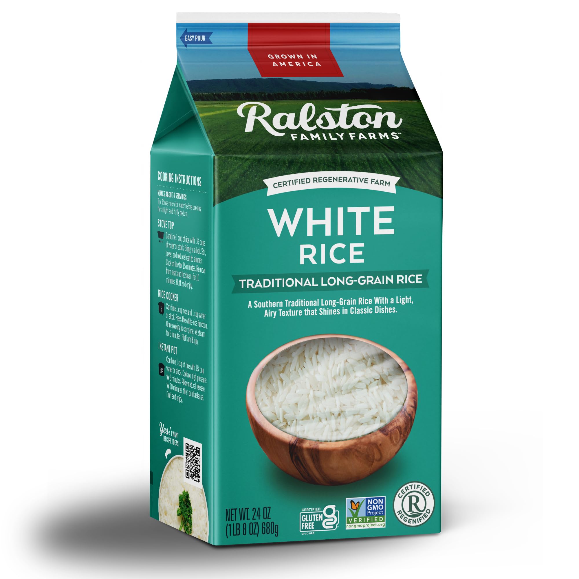 Ralston Family Farms Traditional White Rice, 24 oz Carton: 6 Pack, American Grown, Non-GMO, Naturally Gluten Free