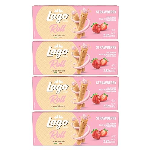 Gastone Lago Strawberry Wafer Rolls, 2.82 oz - Crispy Rolled Wafers with Smooth Strawberry Cream Filling, Light & Crunchy Snack [Pack of 4]
