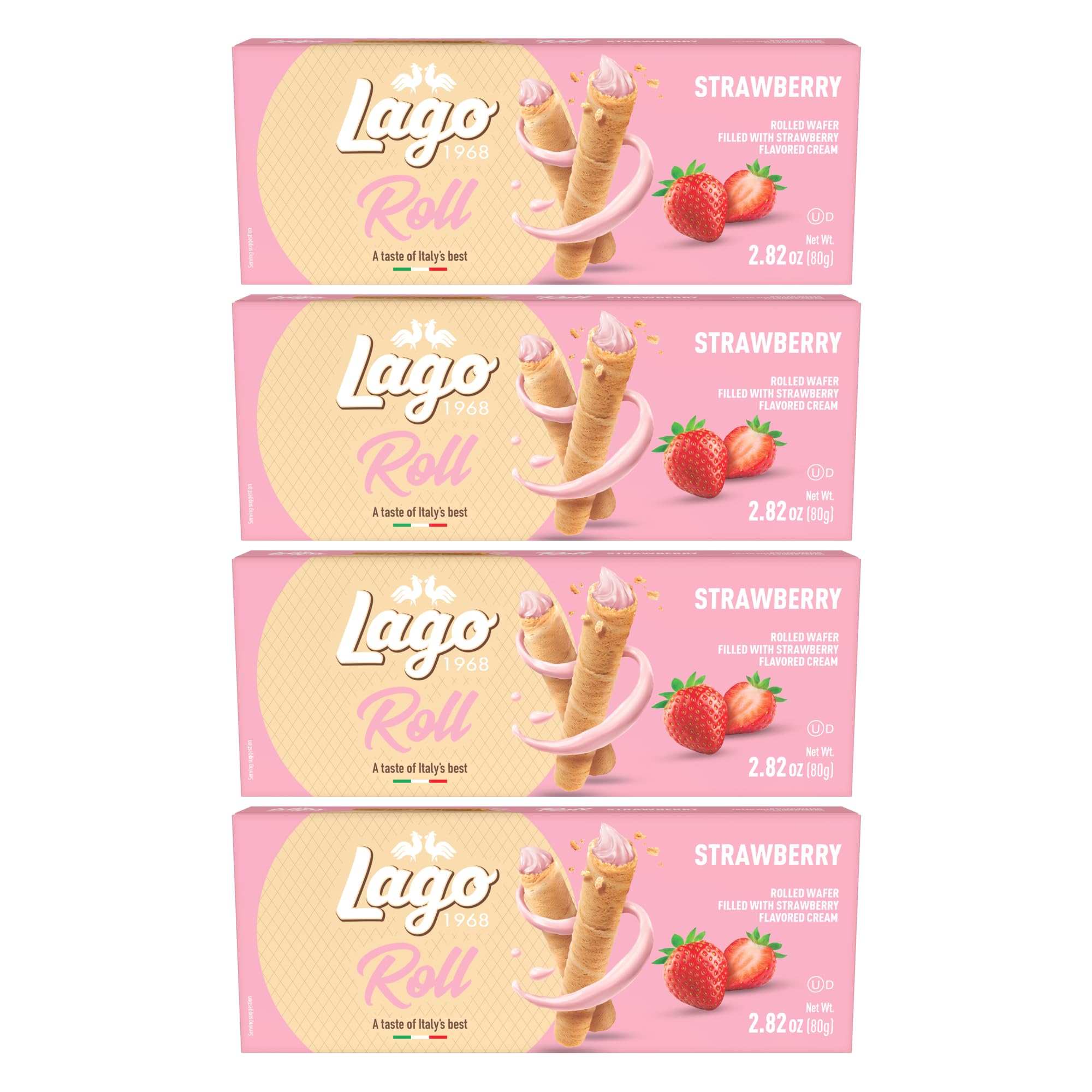 Gastone Lago Strawberry Wafer Rolls, 2.82 oz - Crispy Rolled Wafers with Smooth Strawberry Cream Filling, Light & Crunchy Snack [Pack of 4]