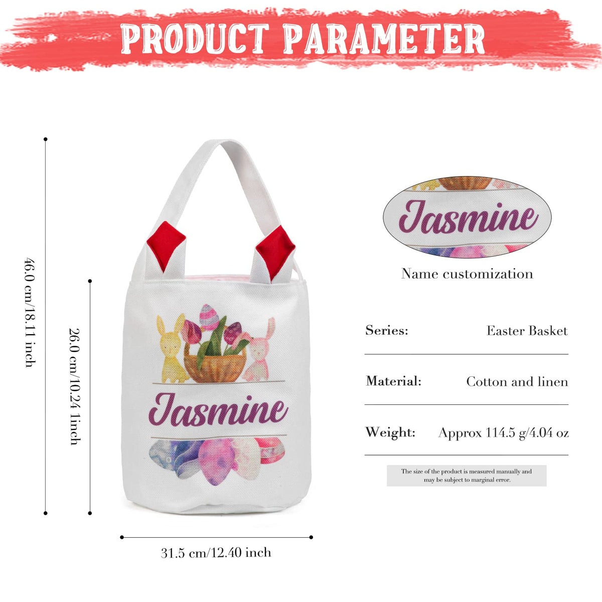 JewelOra Personalized Easter Bunny Basket Bags, Cotton Customized Name Candy Egg Basket Rabbit Print Buckets Cute Easter Basket Toys Bucket Tote Gift