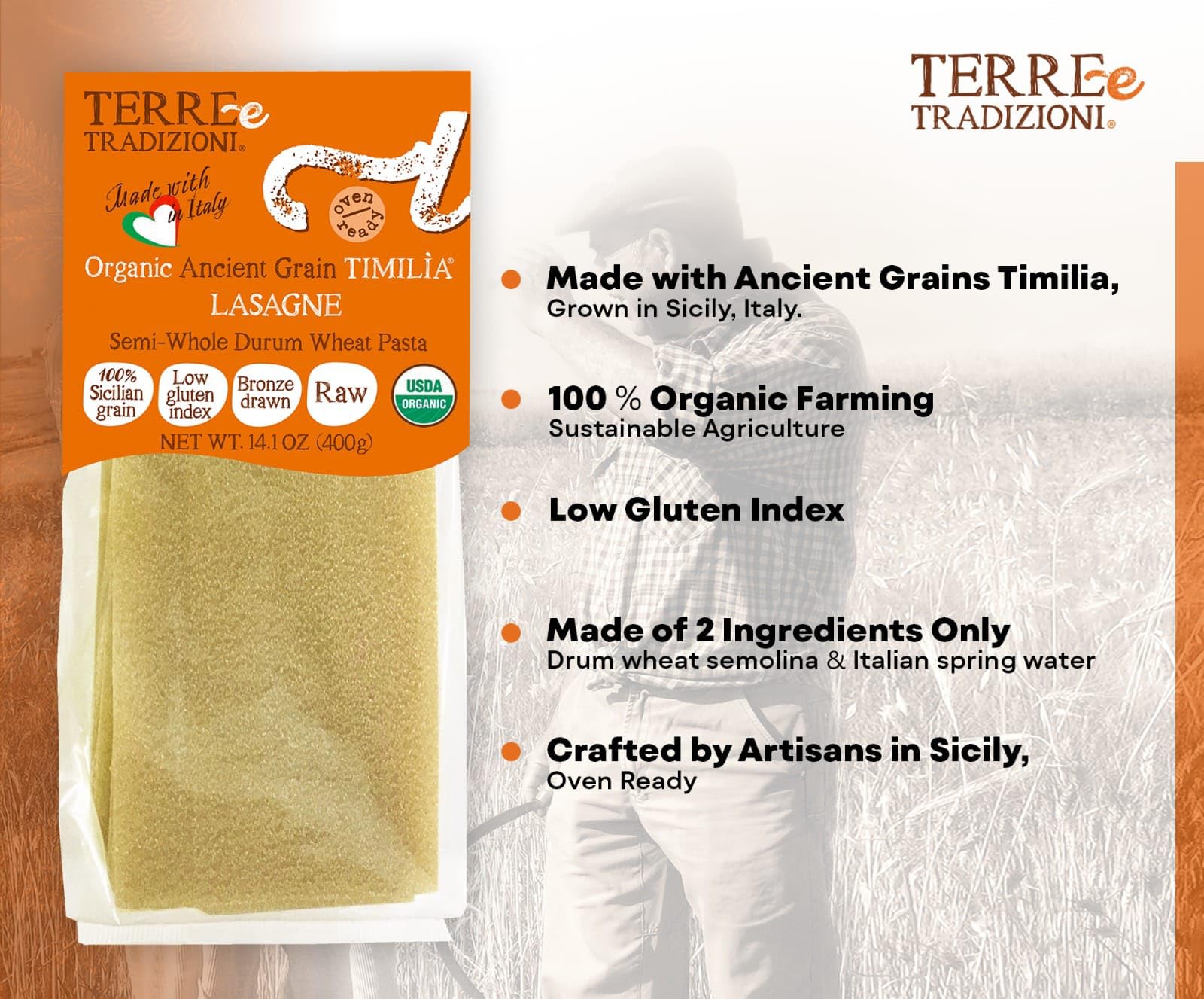 TERRE E TRADIZIONI 6 PACKS ORGANIC ITALIAN SEMI WHOLE DURUM LASAGNA PASTA - Sicilian Ancient Grain Timilia Vegan Crafted in Italy. LOW-GLUTEN INDEX