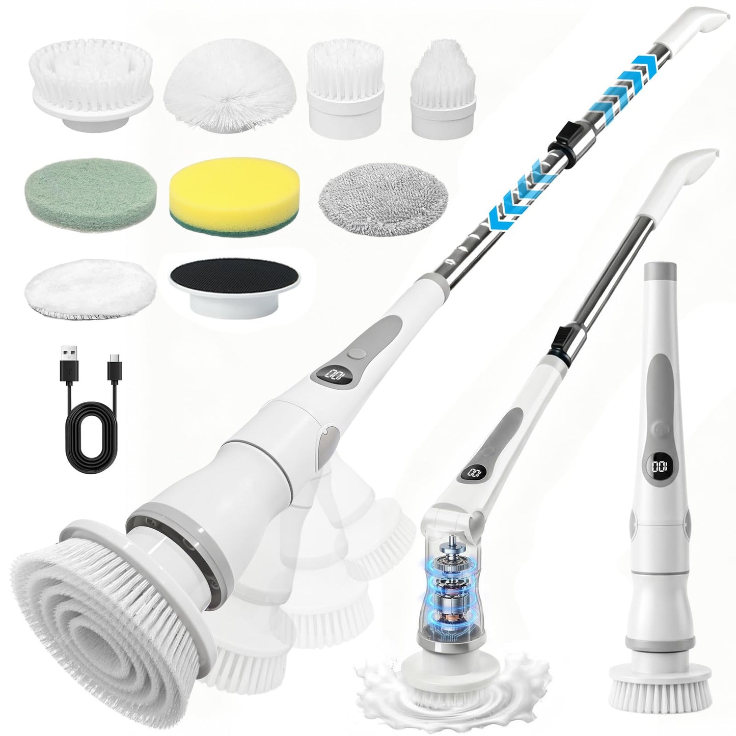 Cordless Electric Spin Scrubber, 4 Angles with 8 Replaceable Brush Heads, Adjustable Handle 3 Speeds with LED Display-90Mins Runtime, IPX7 Waterproof
