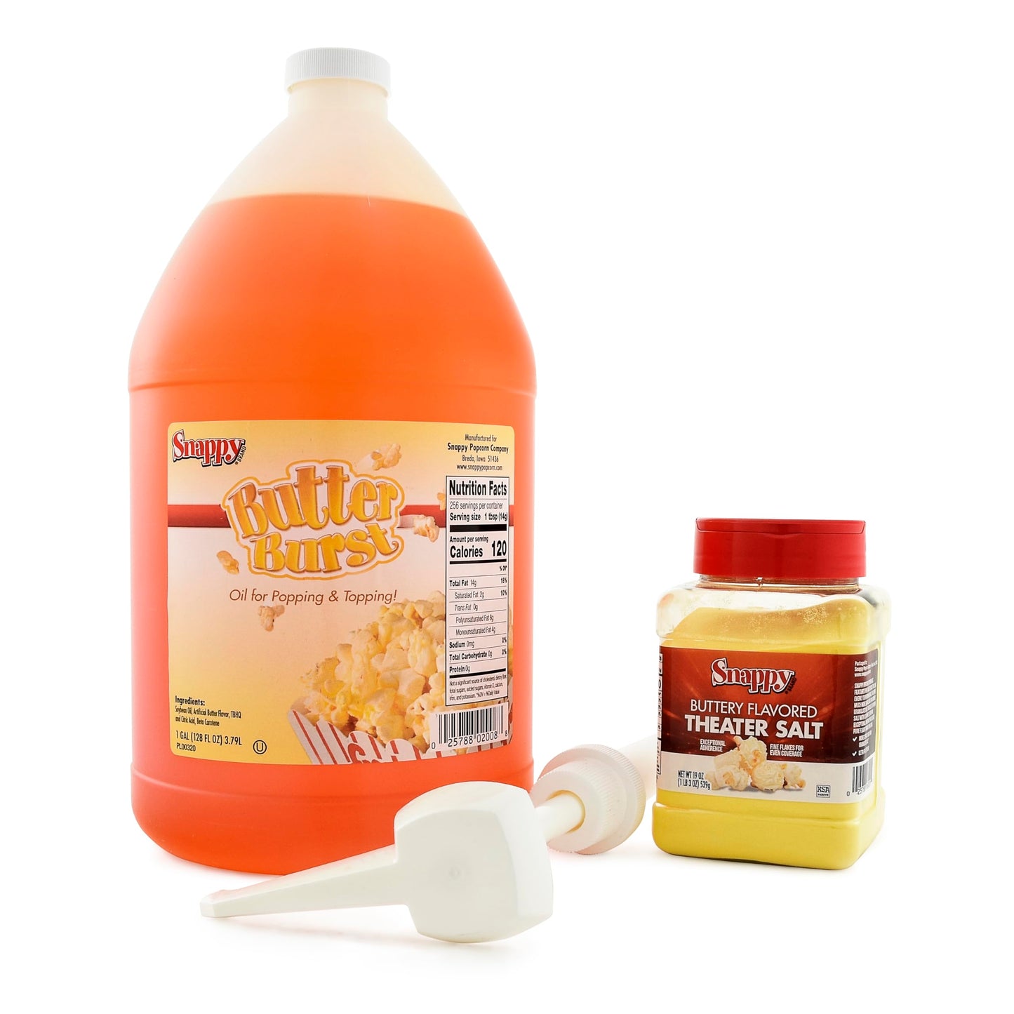 Snappy Butter Burst Popcorn Oil for Popping and Popcorn Topping, Buttery Flavored Popcorn Theater Salt and Oil Pump Dispenser for 1 Gallon Jug, 3