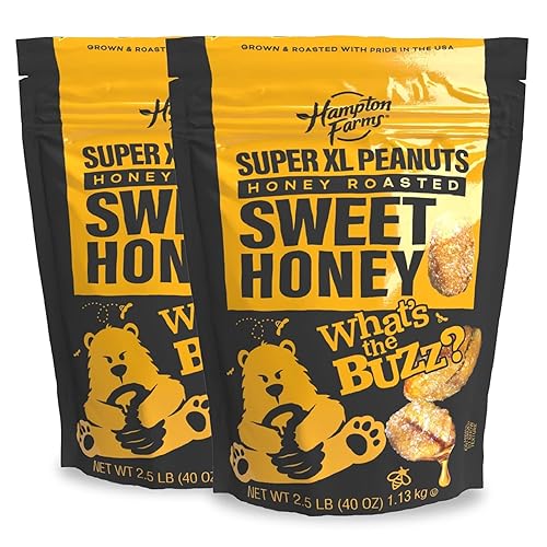 Hampton Farms - Super Extra-Large Sweet Honey Roasted Peanuts - 40 oz Resealable Bag - 2-Pack - Crunchy Glazed Snack for Charcuterie Boards, Lunches