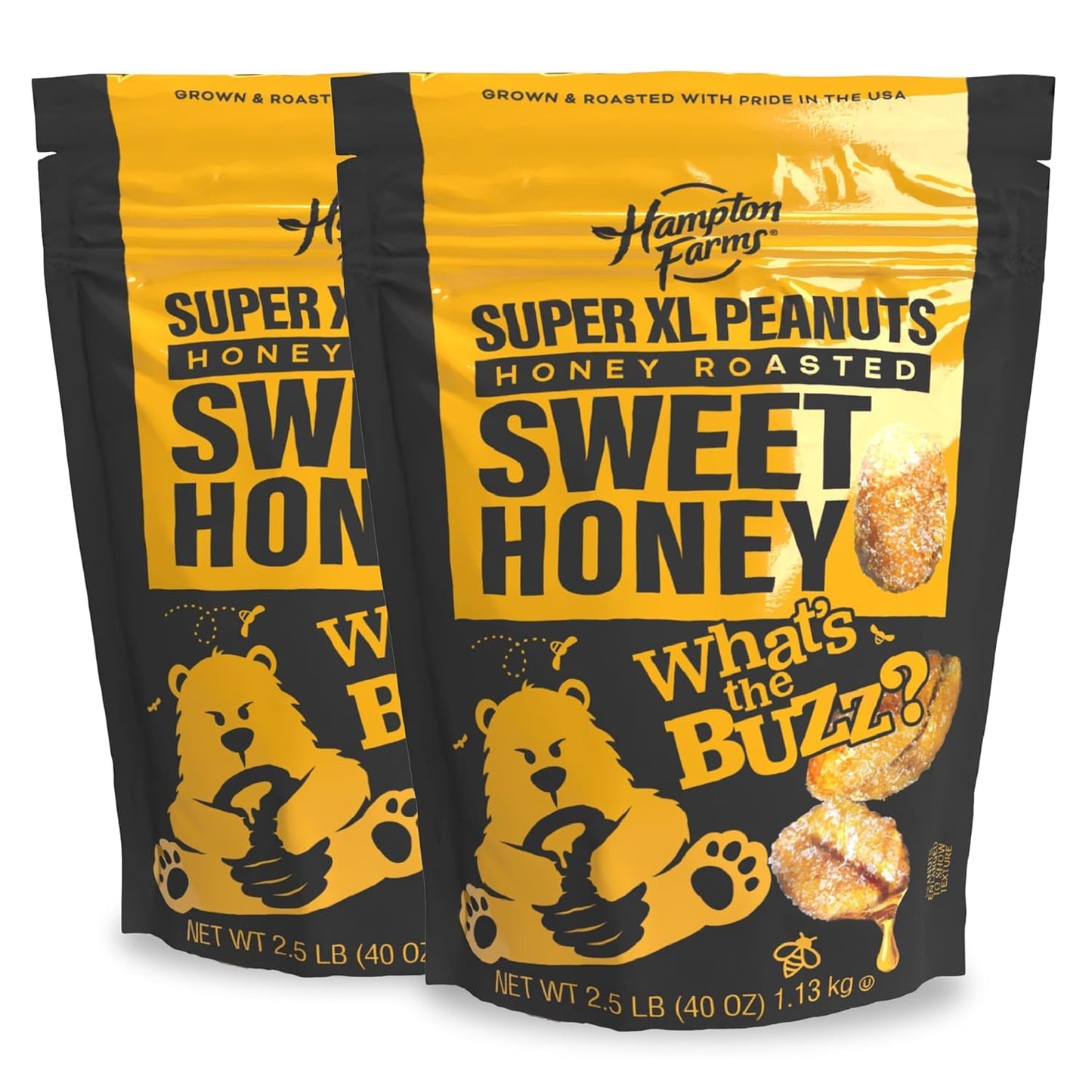 Hampton Farms - Super Extra-Large Sweet Honey Roasted Peanuts - 40 oz Resealable Bag - 2-Pack - Crunchy Glazed Snack for Charcuterie Boards, Lunches