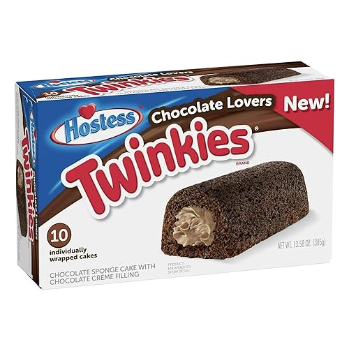 Hostess Chocolate Cake Twinkies, 10-Count Individually Wrapped Chocolate Sponge Cake Snack with Creamy Filling, Mini Cakes for On-The-Go Snacking