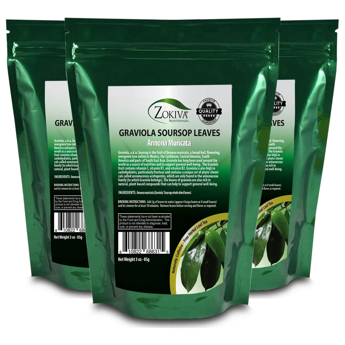 Zokiva Nutritionals - Soursop Leaves Hojas De Guanabana 1 oz x 3 Pack of Graviola Leaves for Tea - A Natural Caffeine - Free Bioavailable Superfood